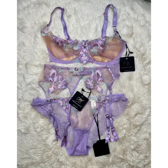 RARE🔥 Honey Birdette CHRISTINE💜 Unicorn Purple Lilac 3 Piece 32G, M, M Brief - Picture 2 of 11